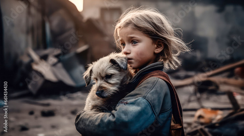 anguished child holding a dog, hopeless and alone photo