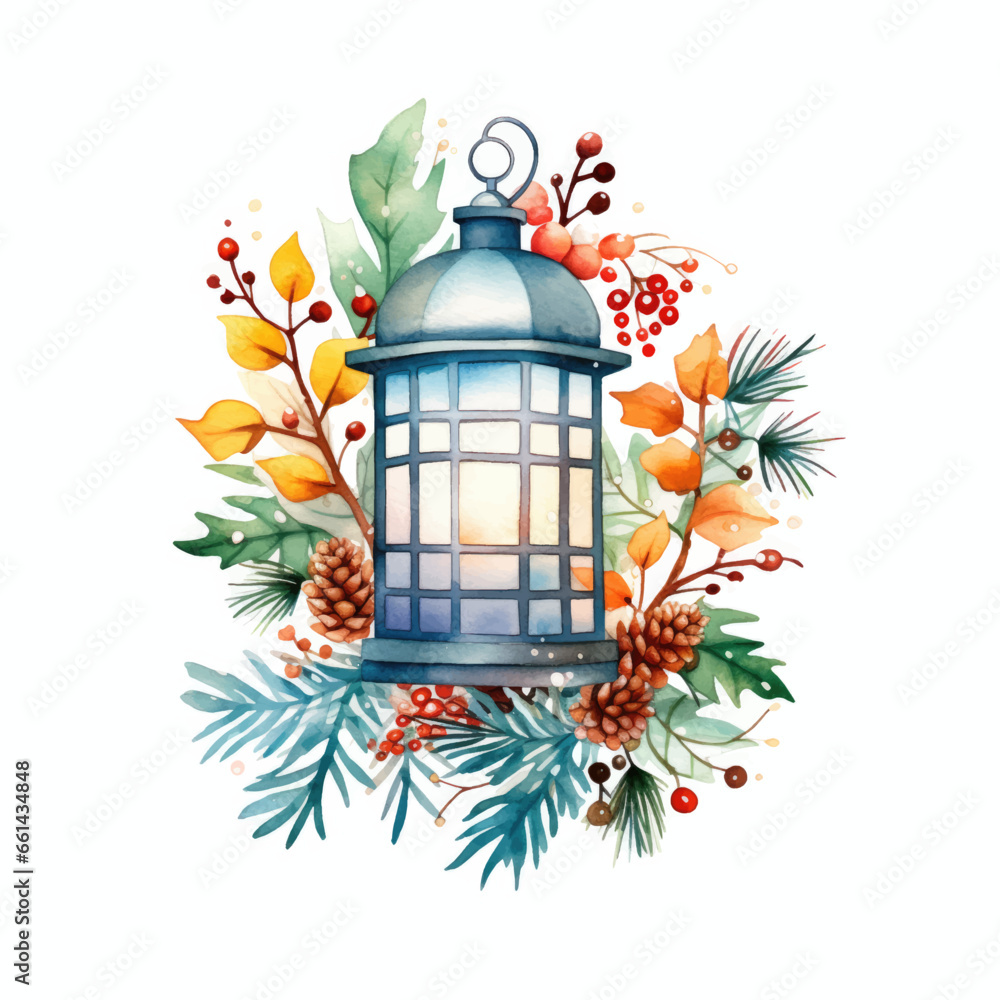 Watercolor christmas wreath with lantern. Hand drawn illustration.