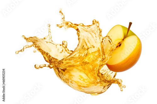 Apple Cider or juice splash wave swirl with an apple slice isolated on a transparent background, fruit liquid splashing PNG, Flying Apple Juice
