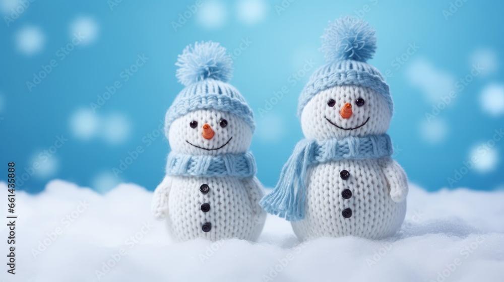 Little knitted snowmans on soft snow on blue background. Generative AI Little knitted snowmans on soft snow on blue background. Generative AI