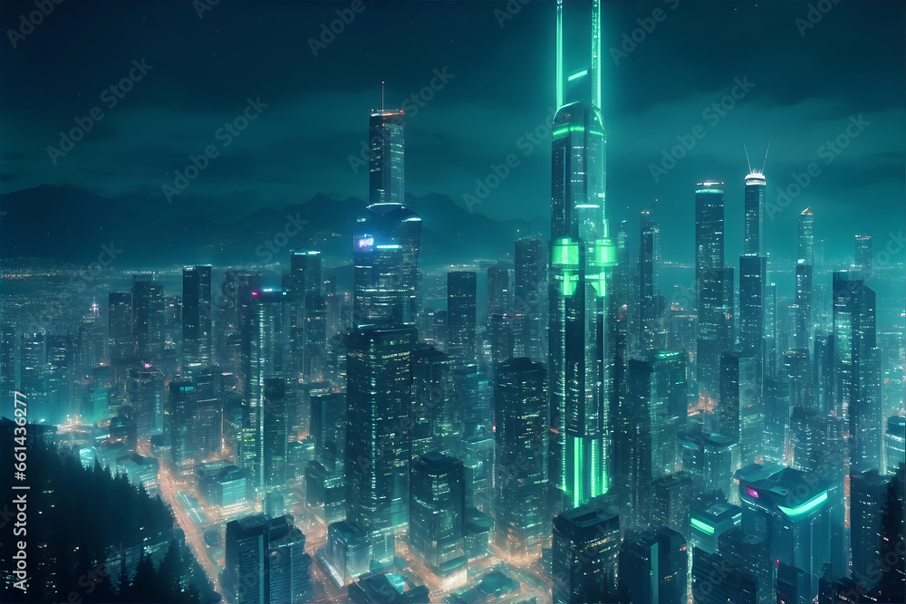 Fototapeta premium Vibrant Eco-Futuristic Vancouver: Neon-Lit Skyscrapers Enhancing the Night Sky in a Bustling Green Cityscape.