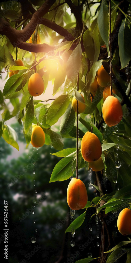 Group of mangoes on the tree with a ray of light.