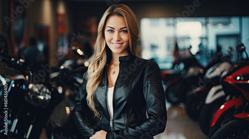 The female salesperson stood and smiled. Motorcycle showroom