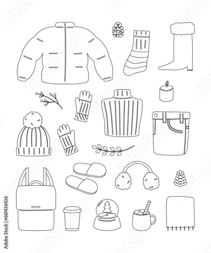 Lined winter clothes essentials style sticker elements. Cute scandinavian lifestyle cozy objects winter holidays celebration. Hand drawn vector illustration.