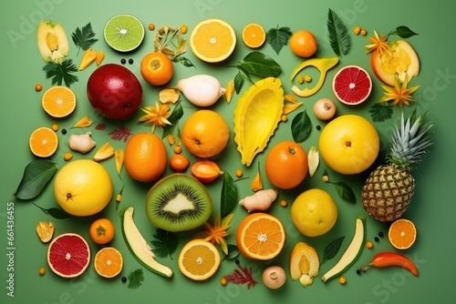 Creative summer tropical fruits top view