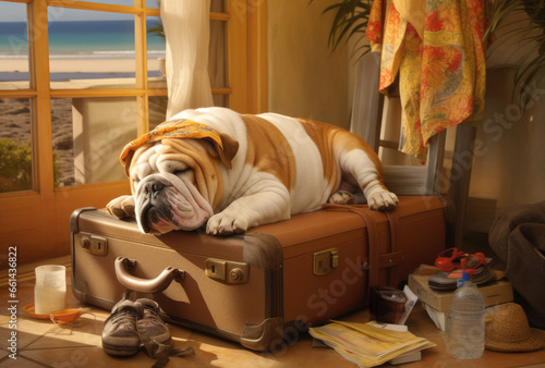 A content bulldog patiently waits for their owner to return, resting on a suitcase against a textured wall in the cozy indoor setting