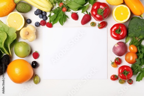 fruits and vegetables on white background, copy space