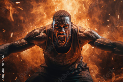 A man in a tank top standing with his arms open in front of a fire. This image can be used to represent warmth, passion, and excitement.