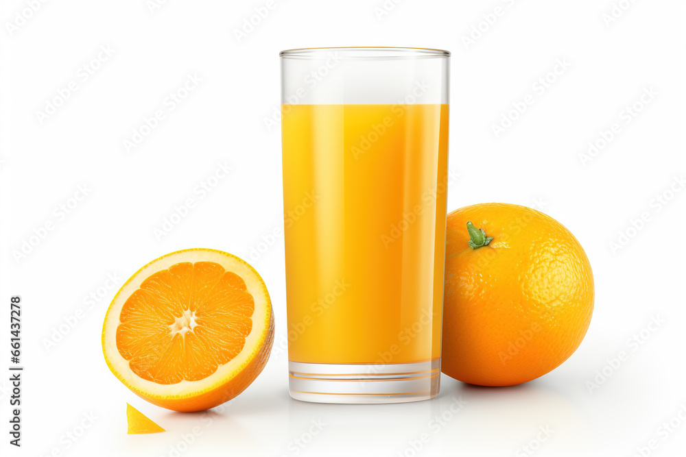 Freshly squeezed orange juice in a glass with half an orange, a healthy and refreshing beverage, isolated on a white background Freshly squeezed orange juice in a glass with half an orange, a healthy and refreshing beverage, isolated on a white background