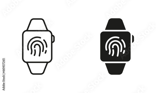 Touch ID Technology in Smartwatch Line and Silhouette Icon Set. Biometric Identification Pictogram. Smart Watch with Fingerprint. Security Touchscreen Symbol Collection. Isolated Vector Illustration