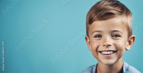 Excited smiling boy on solid blue background