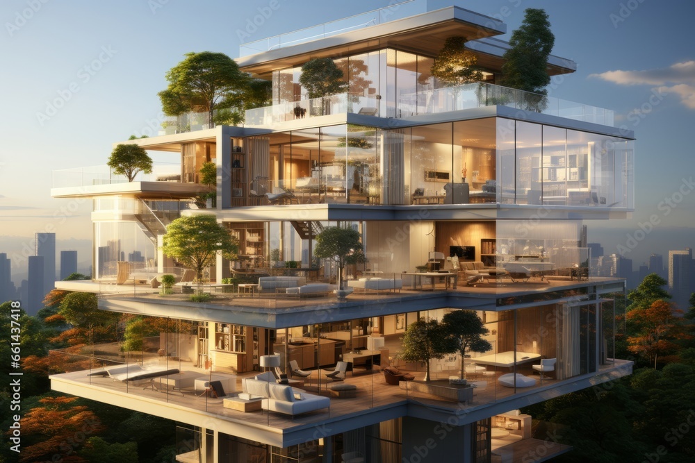 Luxurious modern penthouse cross-section with floor-to-ceiling windows, a rooftop garden, and panoramic views, Generative AI