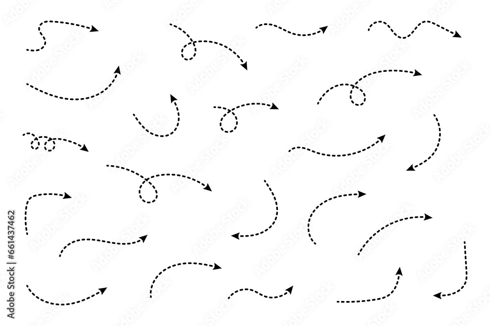 Curved dotted arrow. Zigzag arrow stripes design with dotted lines. Thin arrows. Vector illustration. Curved dotted arrow. Zigzag arrow stripes design with dotted lines. Thin arrows. Vector illustration.