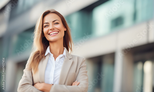 Smiling businesswoman outside office © karandaev