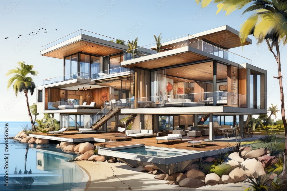 Modern beachfront home's cross-section with large windows, ocean views, and private beach access, Generative AI