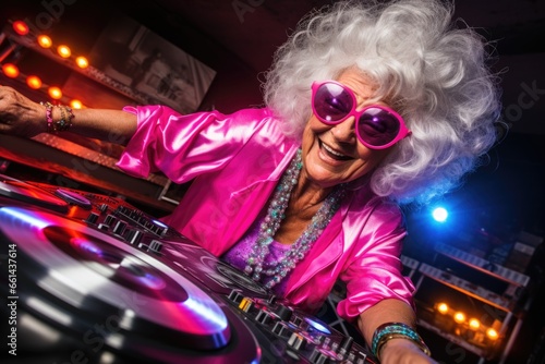 A woman wearing a wig and sunglasses is seen playing a DJ set. This image can be used to depict a fun and vibrant party atmosphere or to illustrate music and entertainment events.