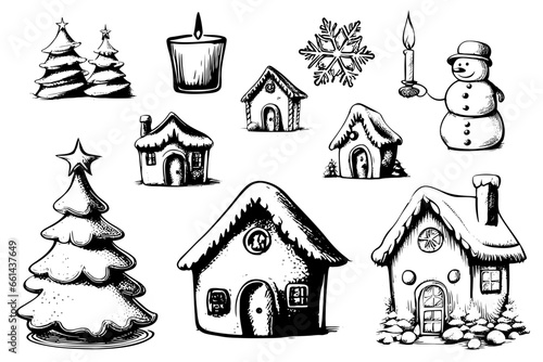 Christmas Greeting card. ketch Set of hand drawn buildings with fir tree and decorative elements