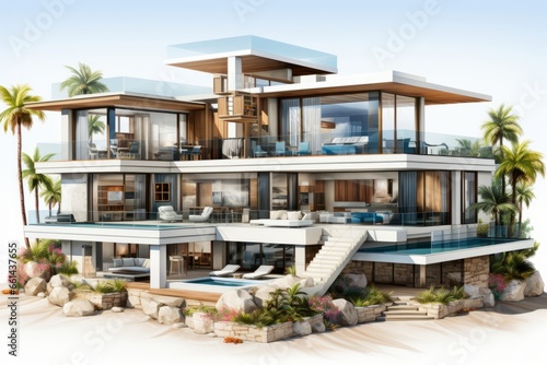 Modern beachfront home's cross-section with large windows, ocean views, and private beach access, Generative AI