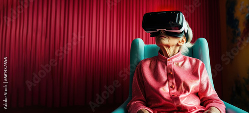 woman mature senior caucasian male at home enjoy virtual reality VR headset, life and leisure of pensioners copy space