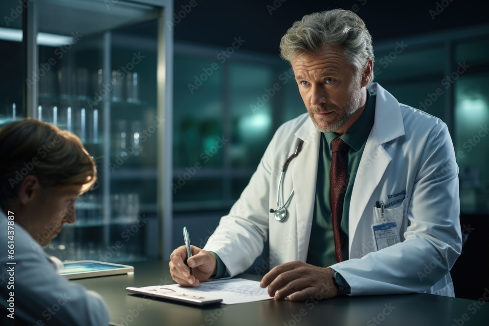 The family physician, the doctor talks to the patient about their illness, symptoms. Clinic, practitioner, medical care, health care, insurance, helping sick people. The family physician, the doctor talks to the patient about their illness, symptoms. Clinic, practitioner, medical care, health care, insurance, helping sick people.