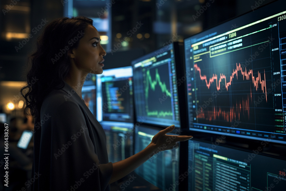 In a state-of-the-art trading floor, a woman trader interacts with colleagues while analyzing price charts on digital boards, representing the collaborative and dynamic nature of t In a state-of-the-art trading floor, a woman trader interacts with colleagues while analyzing price charts on digital boards, representing the collaborative and dynamic nature of t