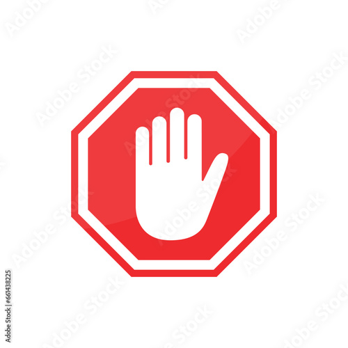 Stop sign with hand icon in flat style. Traffic control vector illustration on isolated background. Attention sign business concept.