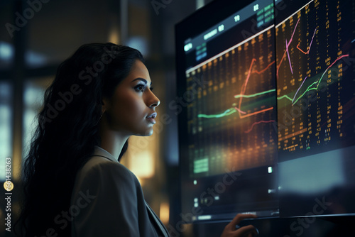 In a state-of-the-art trading floor, a woman trader interacts with colleagues while analyzing price charts on digital boards, representing the collaborative and dynamic nature of t 