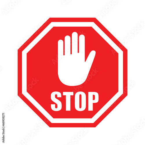Stop sign with hand icon in flat style. Traffic control vector illustration on isolated background. Attention sign business concept.