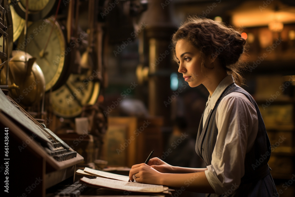 In a majestic historical trading hall, a woman trader examines price charts using vintage equipment, surrounded by the grandeur and traditions of financial institutions. In a majestic historical trading hall, a woman trader examines price charts using vintage equipment, surrounded by the grandeur and traditions of financial institutions.