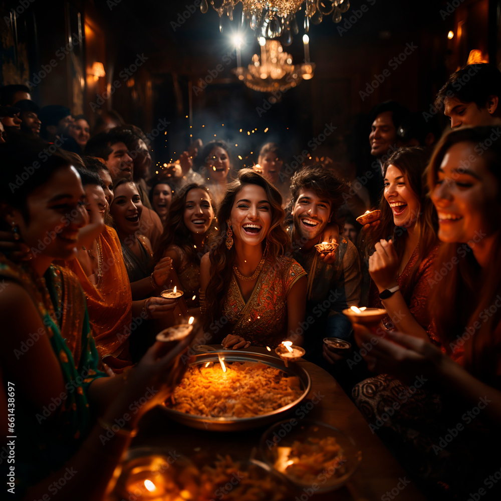 Indian family and friends celebrating a holiday together. Generated by AI - obrazy, fototapety, plakaty 