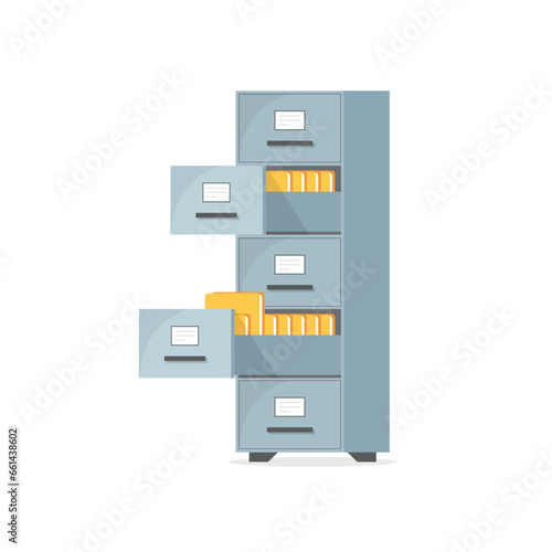 Office cabinet icon in flat style. Furniture storage vector illustration on isolated background. Drawer sign business concept.