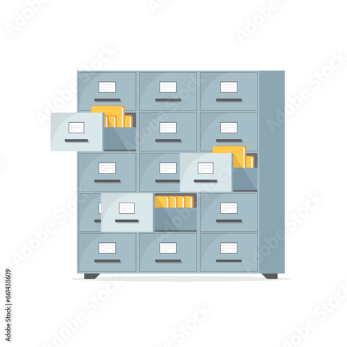 Office cabinet icon in flat style. Furniture storage vector illustration on isolated background. Drawer sign business concept.