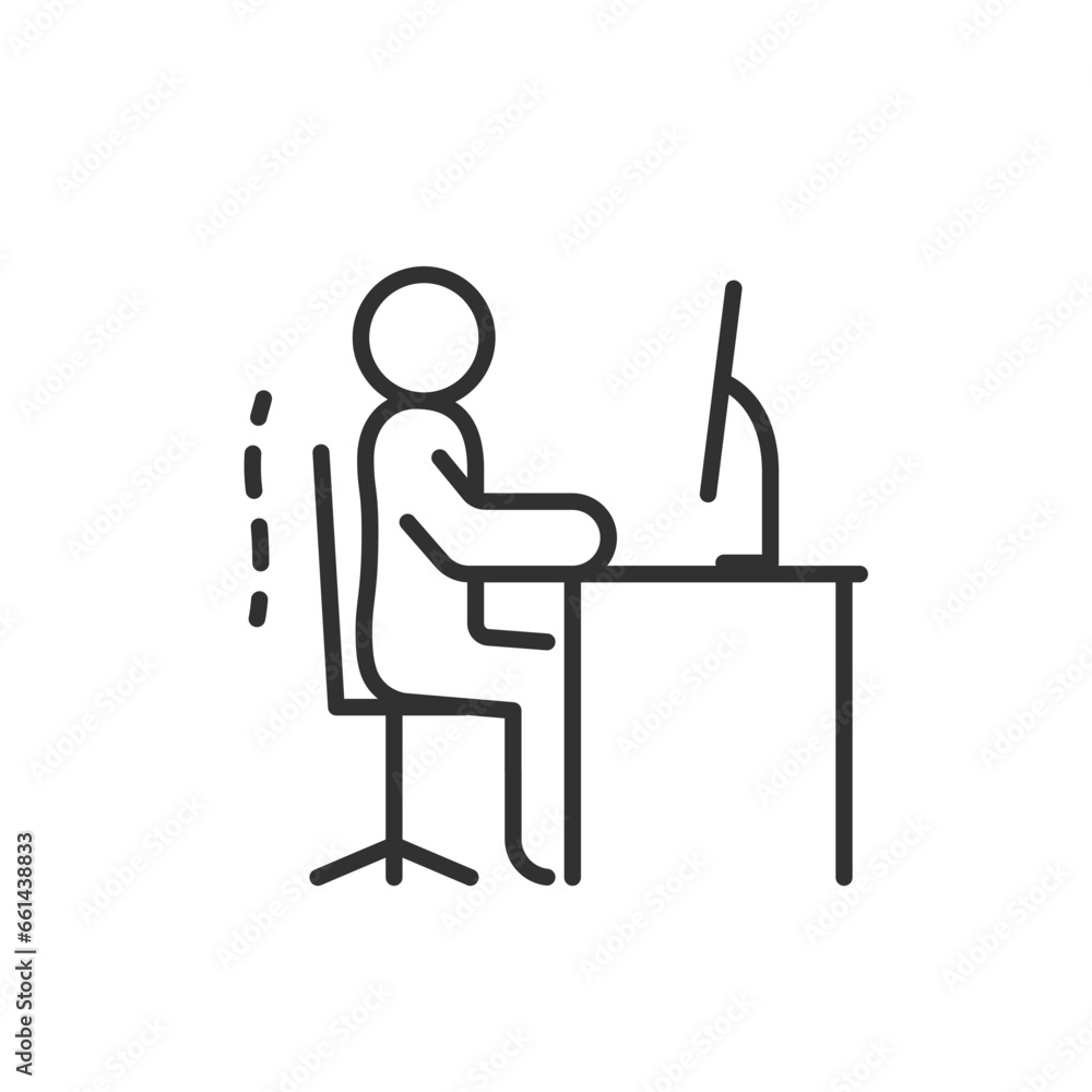 Correctly sitting at the computer, linear icon. Person sits with a straight posture at desk. Correct posture of the spinal column. Line with editable stroke Correctly sitting at the computer, linear icon. Person sits with a straight posture at desk. Correct posture of the spinal column. Line with editable stroke