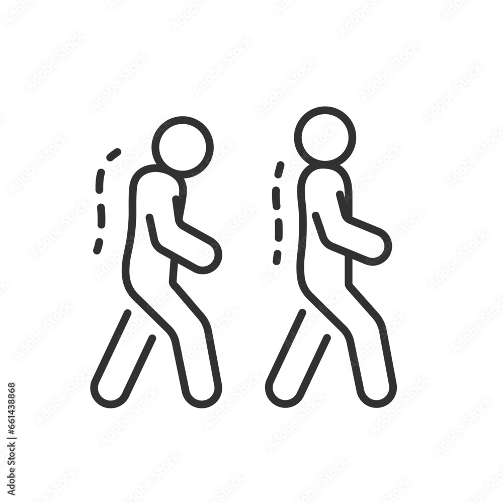 Person walks with a curved back and a straight back, linear icon. Correct back position. Hunchback. Cervical kyphosis. Line with editable stroke Person walks with a curved back and a straight back, linear icon. Correct back position. Hunchback. Cervical kyphosis. Line with editable stroke