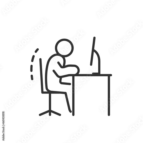 Incorrect sitting at the computer, linear icon. Person hunched over desk and close to monitor.. Line with editable stroke