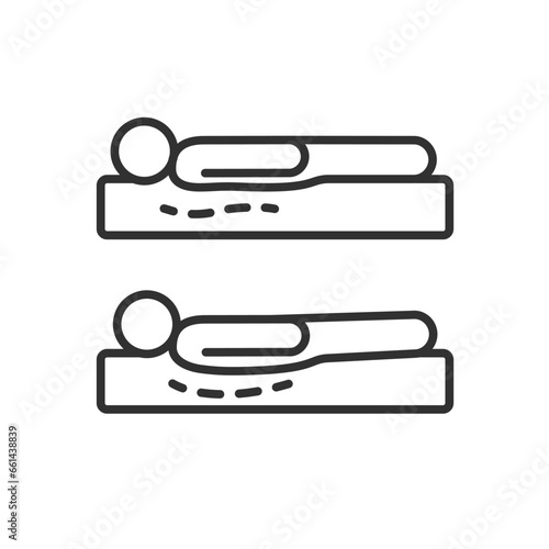 Good and bad bed mattress, linear icon. Person sleeps on his side. Mattress for correct back position, healthy sleep. Orthopaedic. Line with editable stroke