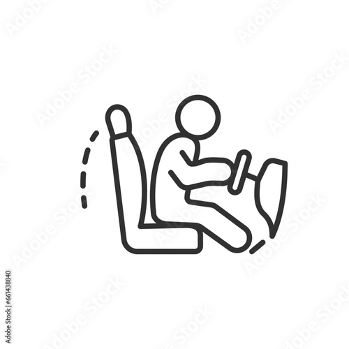 Incorrect position of back while driving, linear icon. Person hunched over with bent back. Line with editable stroke