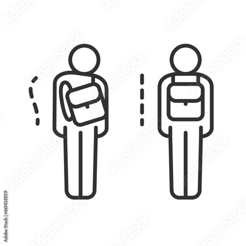Correct and incorrect backpack carrying, linear icon. Do not wear a backpack with one shoulder strap. Schoolboy with backpack. Scoliosis. Line with editable stroke photo