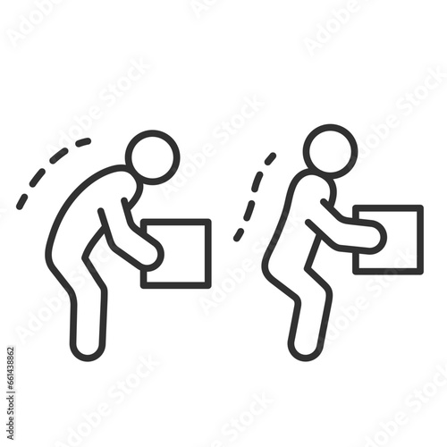 Lifting an object incorrectly, linear icon. Risk of spinal hernia. Line with editable stroke