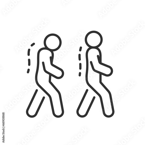 Person walks with a curved back and a straight back, linear icon. Correct back position. Hunchback. Cervical kyphosis. Line with editable stroke
