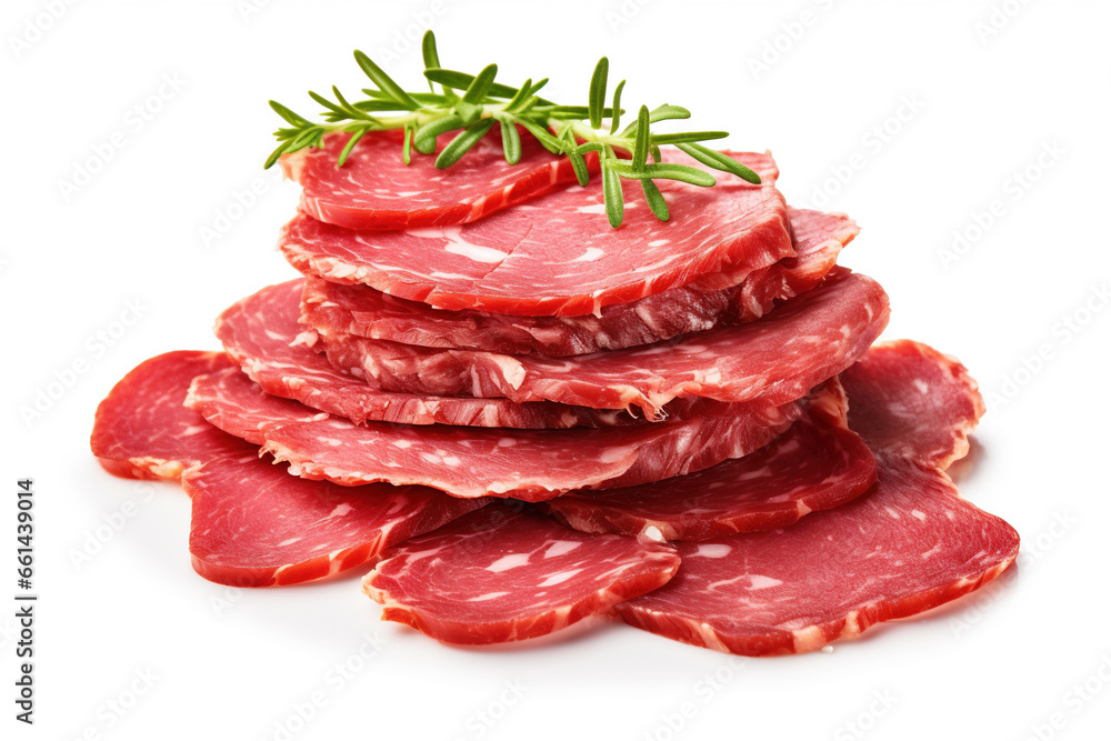 Sliced Italian Genoa salami, a flavorful and savory cured meat delicacy enjoyed in various dishes, isolated on a white background