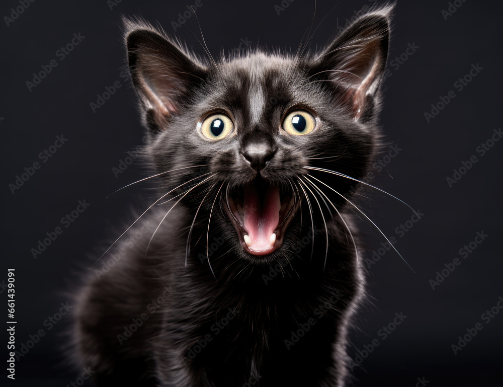 Black cat with open mouth	