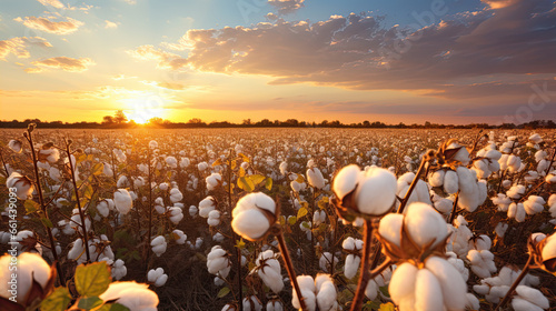 Fair Trade certified cotton field at sunset  warm golden hour light