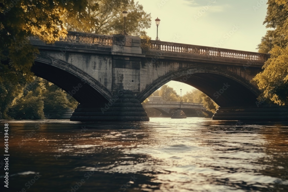 A serene image of a bridge spanning over a body of water, surrounded by lush trees. This picture can be used to depict tranquility and nature's beauty.