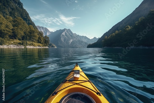 A view of a kayak from the water. This picture captures the perspective of being in a kayak on the water. Perfect for outdoor and adventure-themed designs. © Fotograf