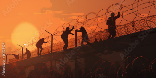 Refugees try to cross the border fence photo