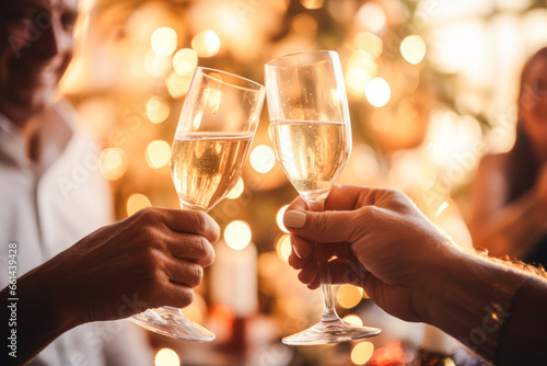 Cheers! couple of people clinking with champagne glasses on blurred Christmas lights