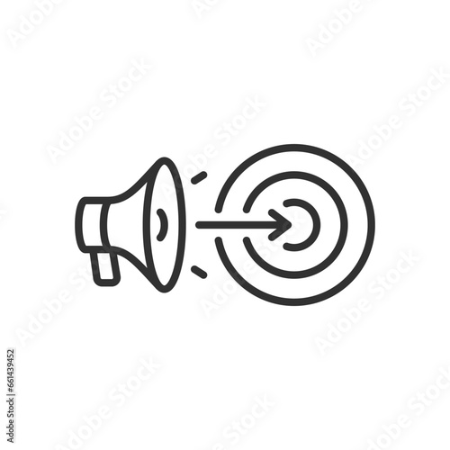 Targeted advertising, linear icon, megaphone and target. Line with editable stroke