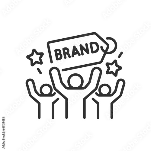 Fans of the brand, linear icon. People are cheering, the label. Line with editable stroke