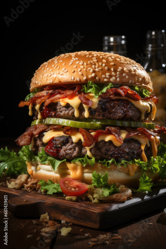 Generative ai illustration of Burger isolated on black wooden background